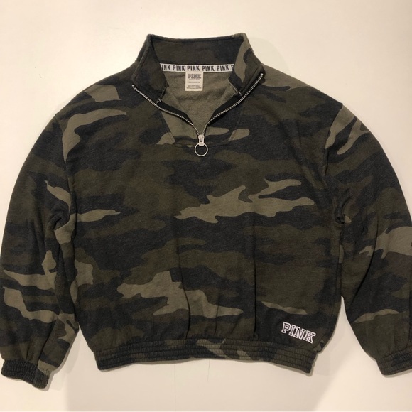 PINK by VS Camo Cropped Quarter Zip Sweatshirt Womens Size XS - Picture 9 of 12